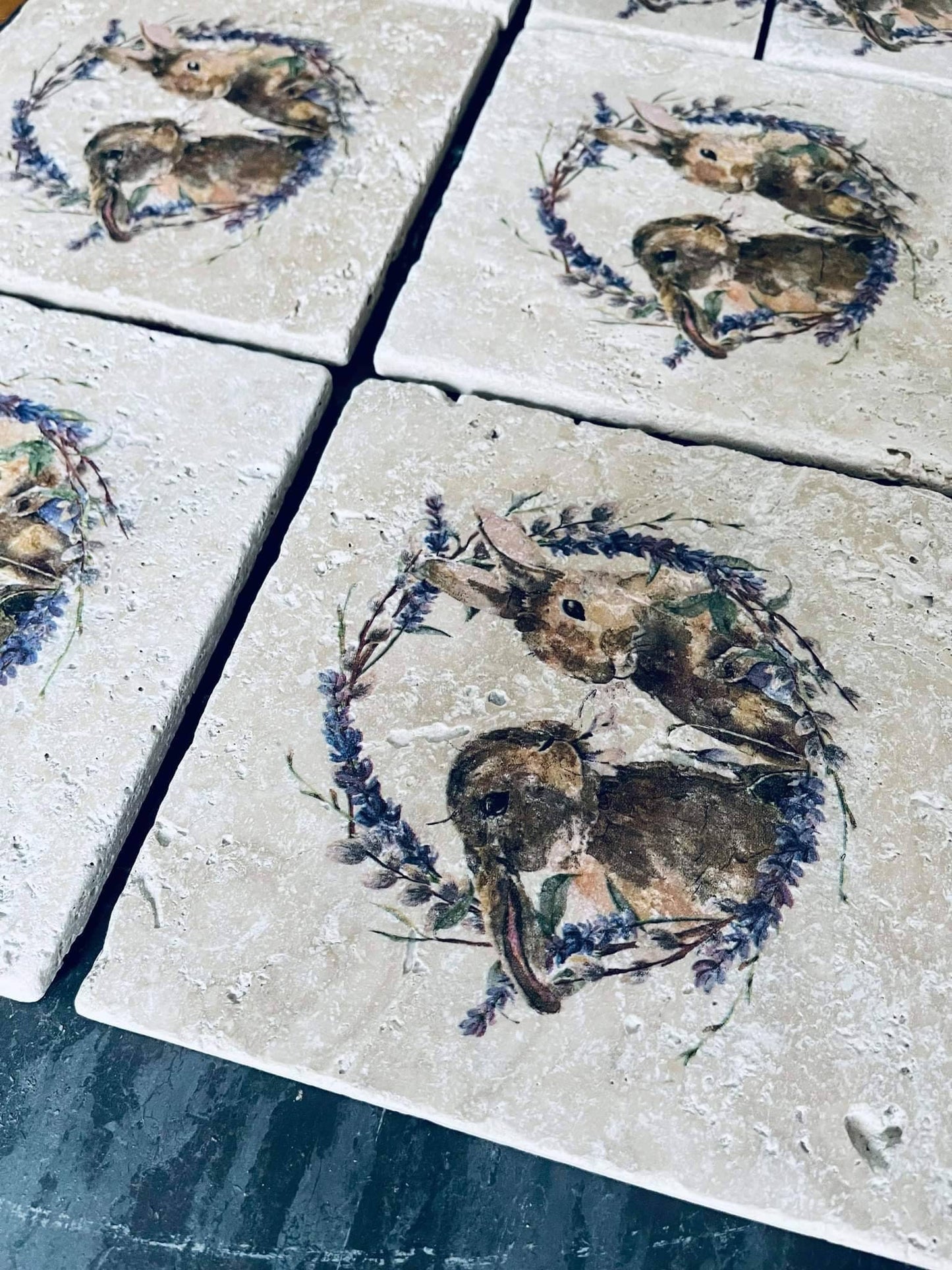 Handmade Stone placemat and coaster set | Bunnies / Rabbits | Natural stone placemats