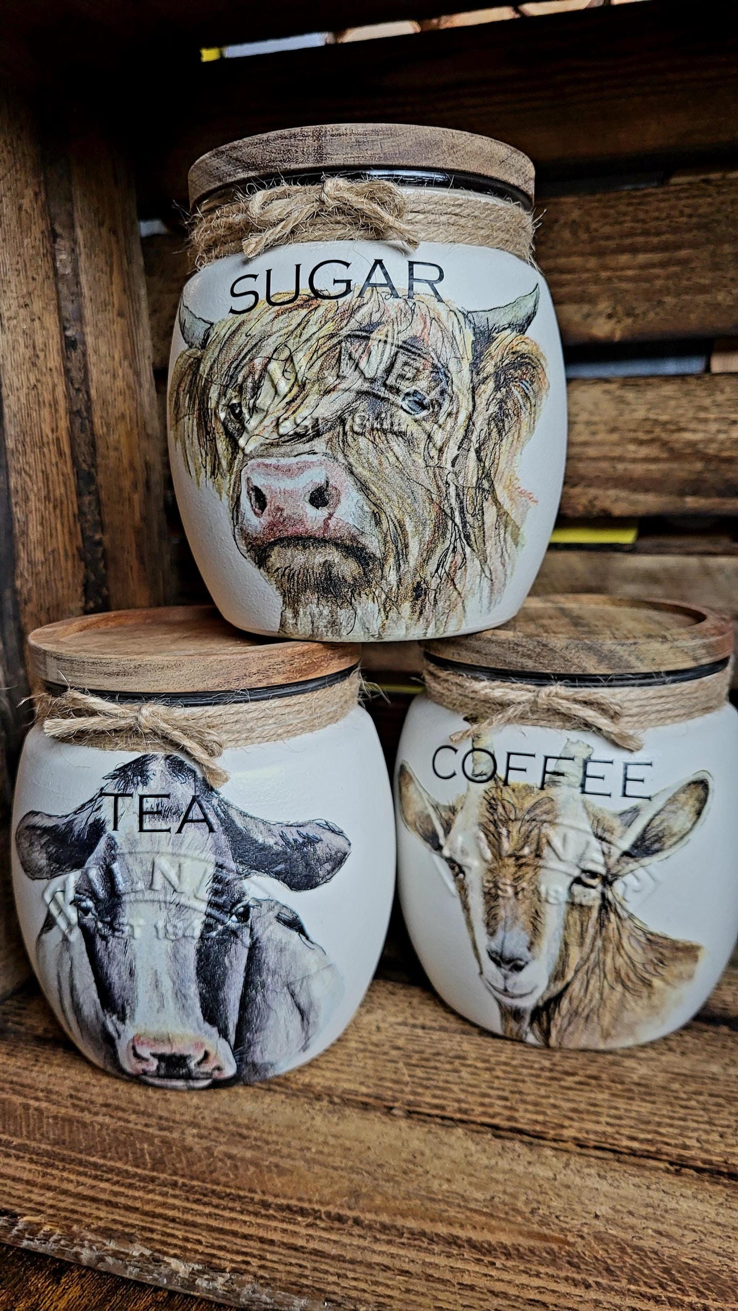 Tea, coffee and sugar canisters | kilner jars | Tea | Coffee | Sugar | Storage Jars | kitchen set / Farm Animals