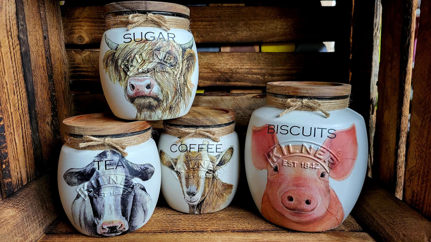 Tea, coffee and sugar canisters | kilner jars | Tea | Coffee | Sugar | Storage Jars | kitchen set / Farm Animals