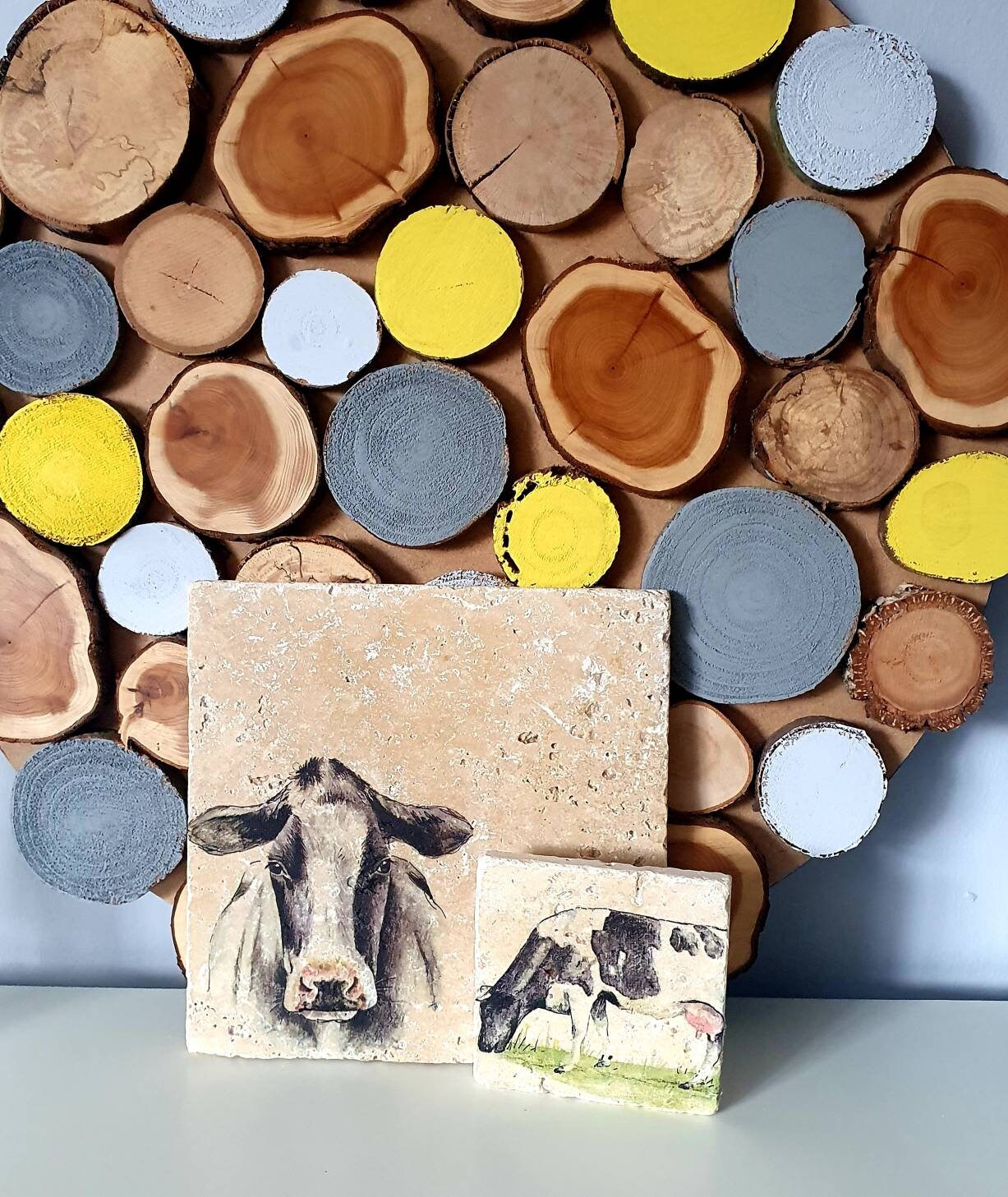 Handmade Stone coaster set | Farm animals | Natural stone placemats /Travertine