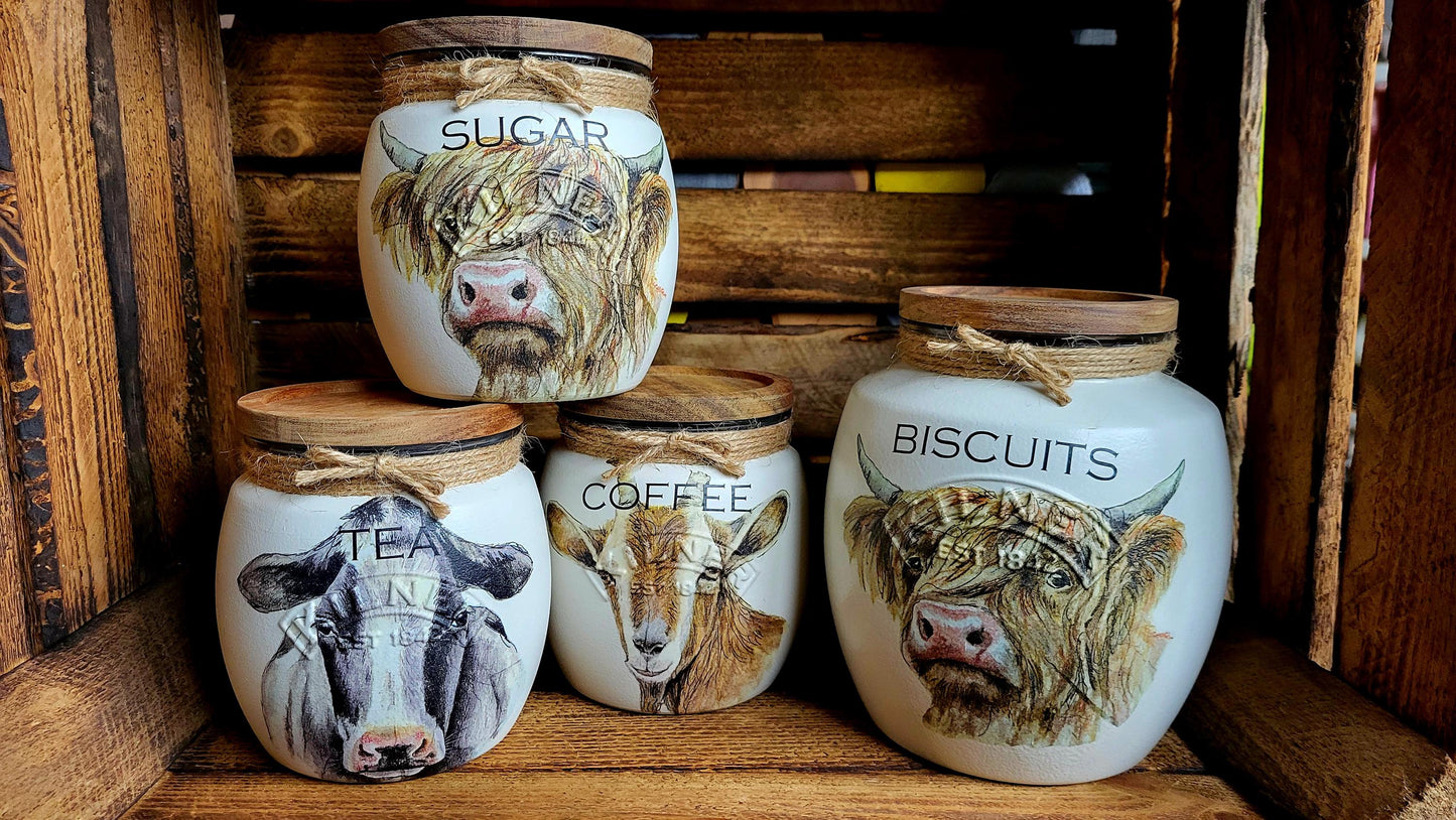 Tea, coffee and sugar canisters | kilner jars | Tea | Coffee | Sugar | Storage Jars | kitchen set / Farm Animals