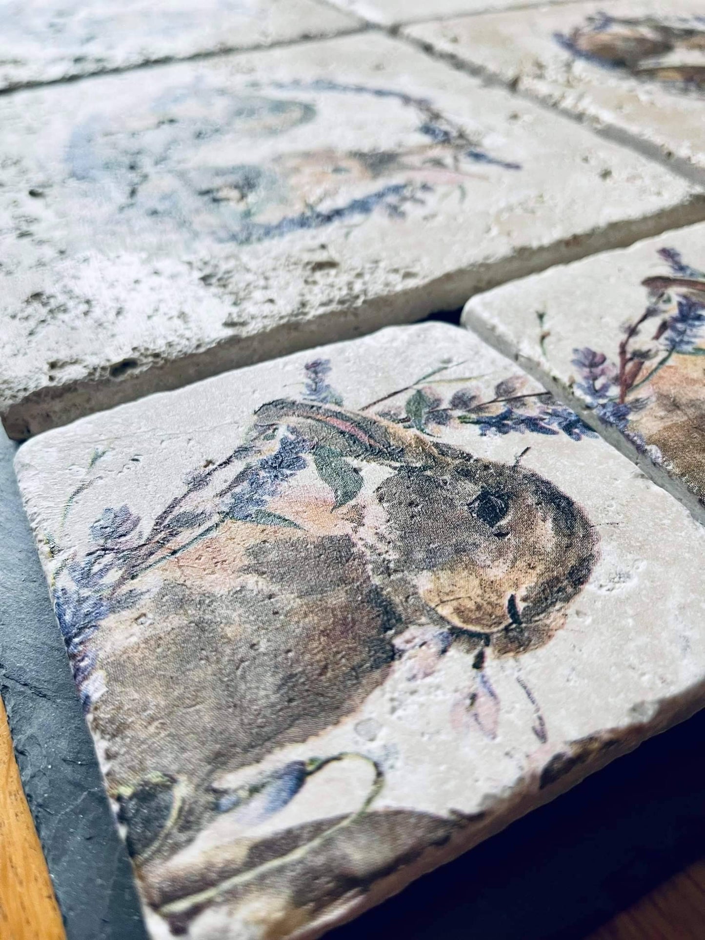 Handmade Stone placemat and coaster set | Bunnies / Rabbits | Natural stone placemats