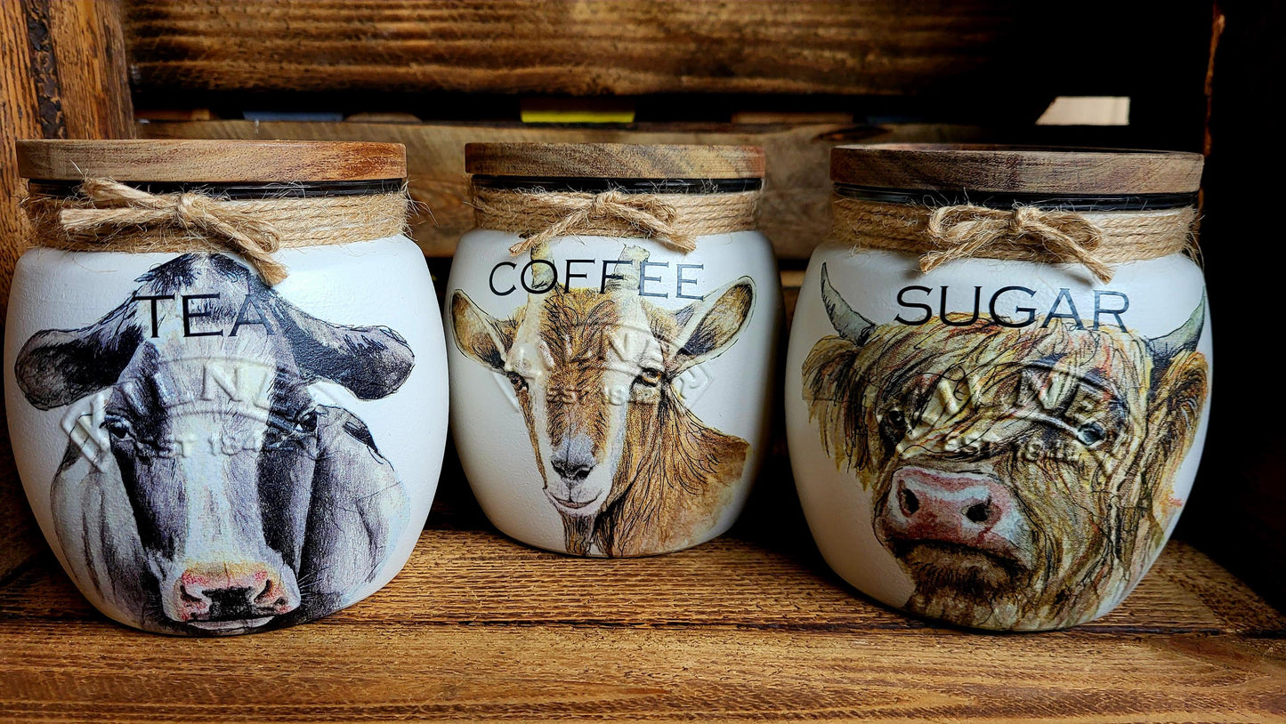 Tea, coffee and sugar canisters | kilner jars | Tea | Coffee | Sugar | Storage Jars | kitchen set / Farm Animals