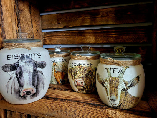 Tea, coffee and sugar canisters | kilner jars | Tea | Coffee | Sugar | Storage Jars | kitchen set / Farm Animals