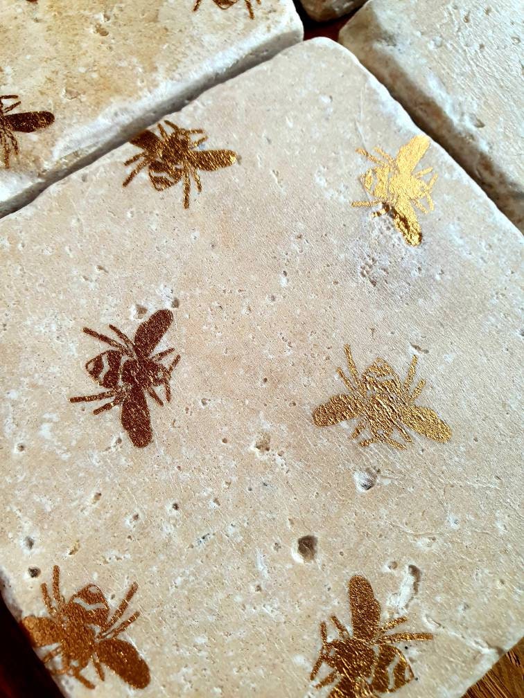 Handmade Stone coaster set | Bees | Natural stone placemats /Travertine