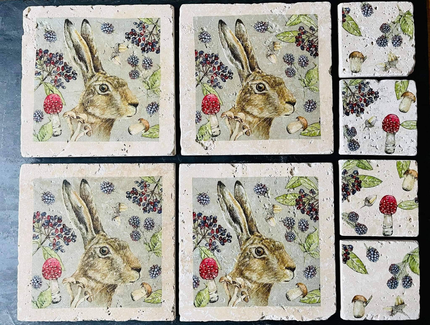 Handmade Stone placemat and coaster set | Hare | Woodland/ Natural stone placemats