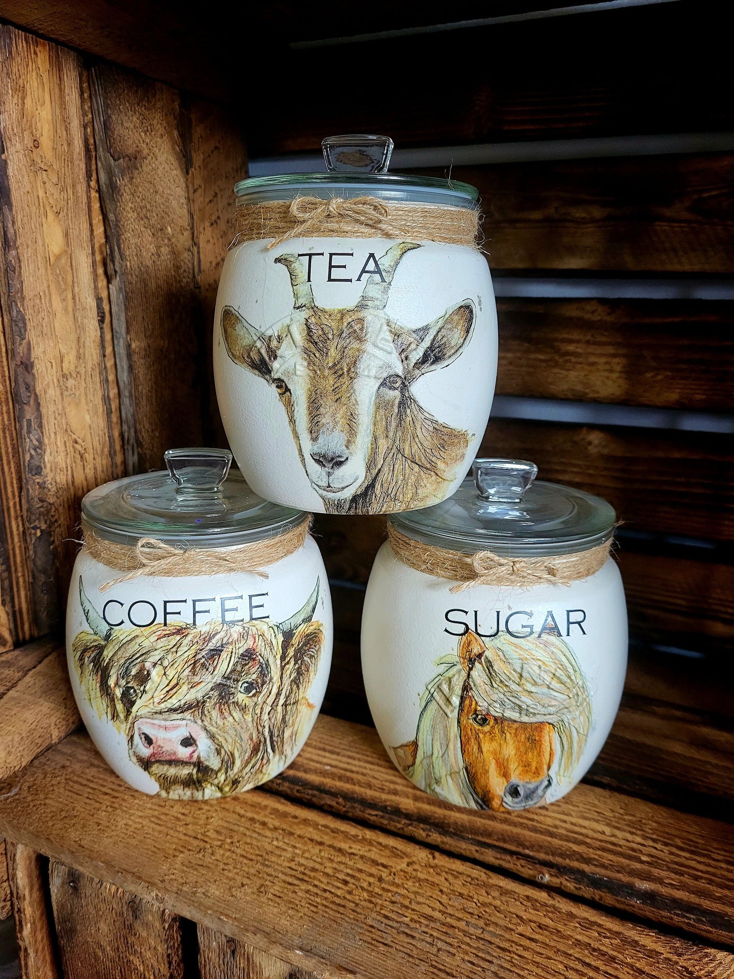 Tea, coffee and sugar canisters | kilner jars | Tea | Coffee | Sugar | Storage Jars | kitchen set / Farm Animals