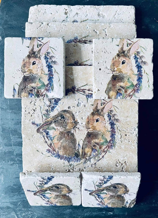 Handmade Stone placemat and coaster set | Bunnies / Rabbits | Natural stone placemats