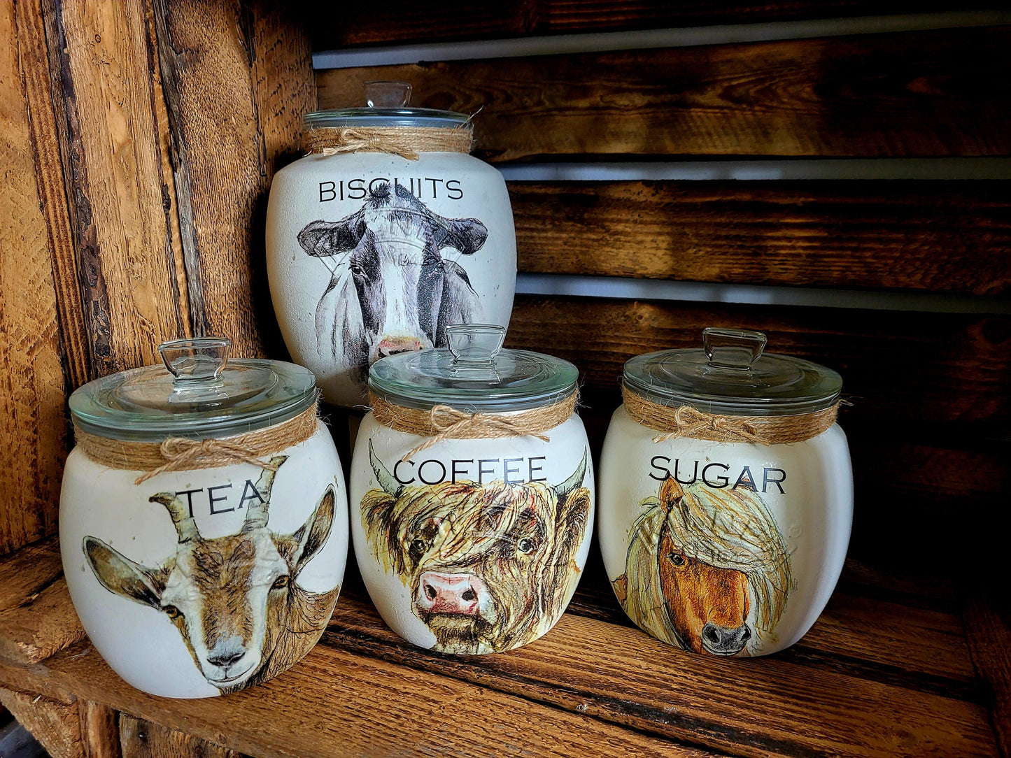 Tea, coffee and sugar canisters | kilner jars | Tea | Coffee | Sugar | Storage Jars | kitchen set / Farm Animals