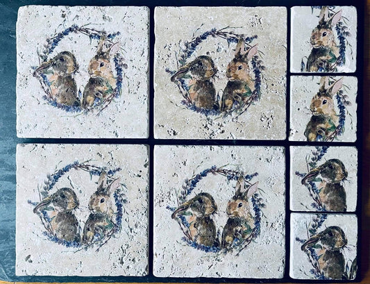 Handmade Stone placemat and coaster set | Bunnies / Rabbits | Natural stone placemats