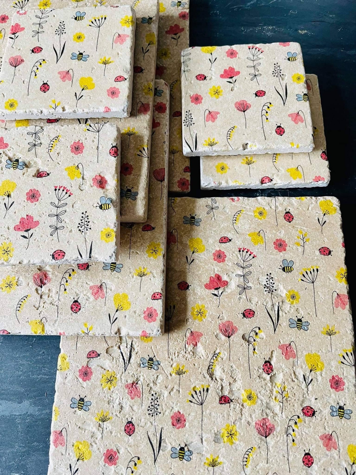 Handmade Stone placemat and coaster set | Summer Meadow |  Natural stone placemats