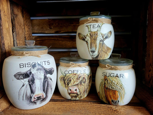 Tea, coffee and sugar canisters | kilner jars | Tea | Coffee | Sugar | Storage Jars | kitchen set / Farm Animals