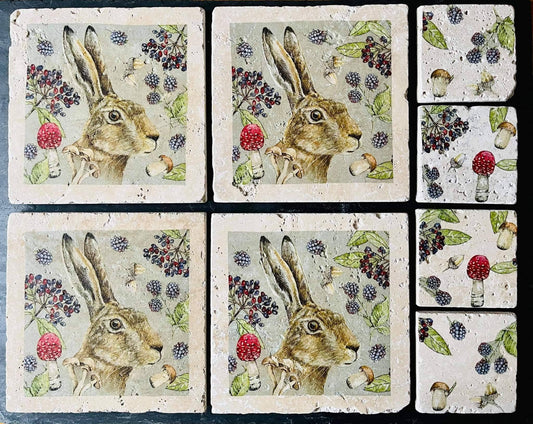 Handmade Stone placemat and coaster set | Hare | Woodland/ Natural stone placemats