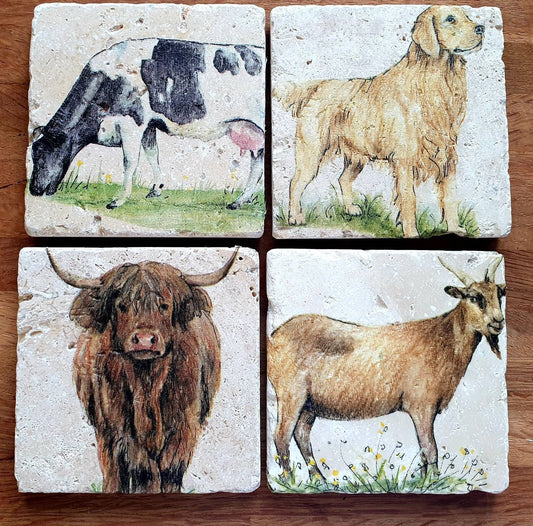 Handmade Stone coaster set | Farm animals | Natural stone placemats /Travertine
